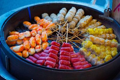 High angle view of vegetables on barbecue grill