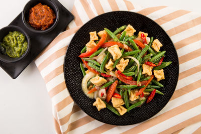 High angle view of food in plate on table