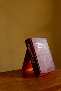 High angle view of open book on table