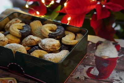 Homemade christmas cookies in a box on a table 