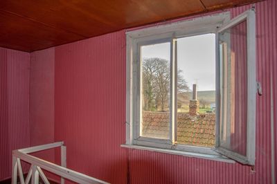 Trees seen through window of house