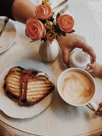 High angle view of breakfast on table