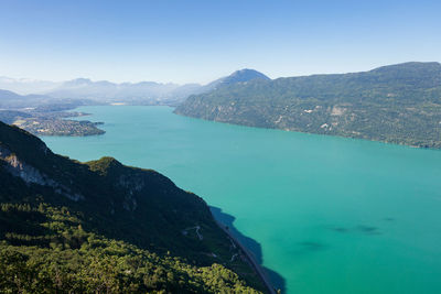 Scenic view of sea and mountains against sky