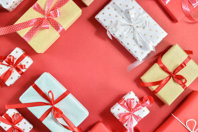 High angle view of christmas ornaments in box