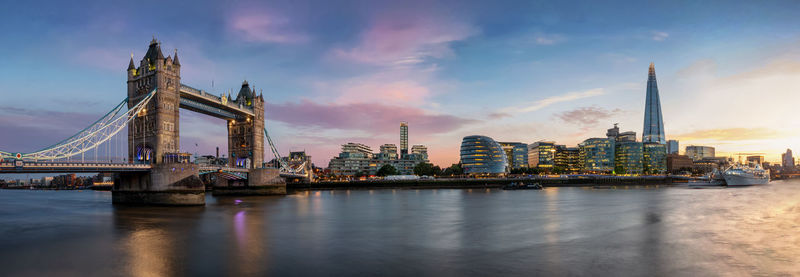 Bridge over river with city in background