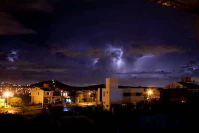 Panoramic view of illuminated buildings against sky at night