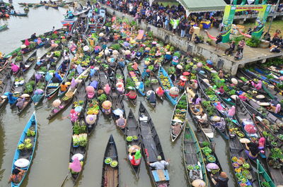 High angle view of people on street in city