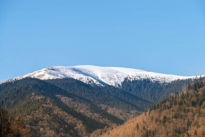 Scenic view of snowcapped mountains against clear blue sky