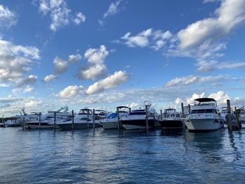 Boats moored in sea against sky