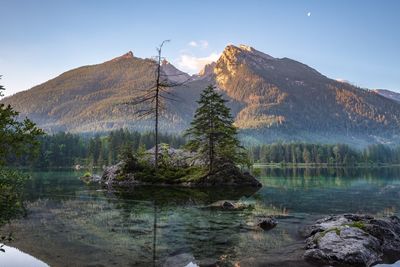 Scenic view of lake and mountains against sky