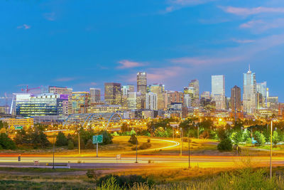 Illuminated buildings in city