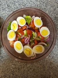 High angle view of fruits in bowl on table