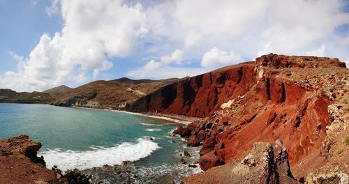 Panoramic view of rocks on shore against sky