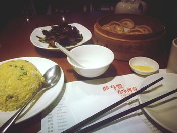 High angle view of meal served on table