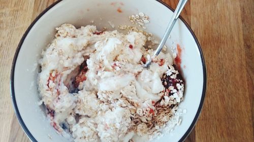 High angle view of breakfast in bowl on table
