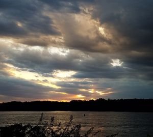 Scenic view of lake against dramatic sky