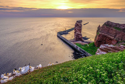 High angle view of sea during sunset