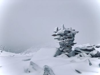 Snow covered land against sky