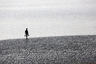 Rear view of man walking on shore