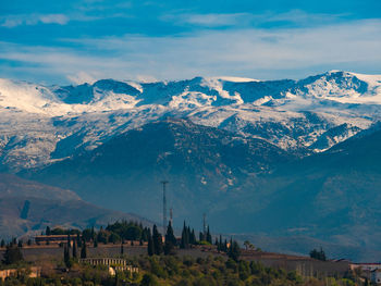 Scenic view of snowcapped mountains against sky