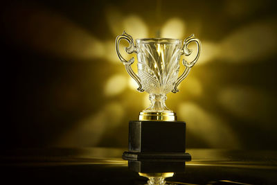 Close-up of trophy on table against illuminated lights