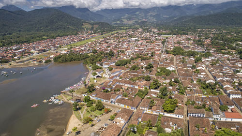 High angle view of buildings in city