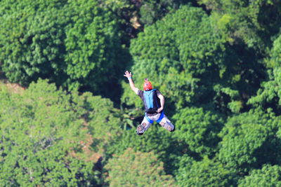 High angle view of man base jumping with arms raised against trees