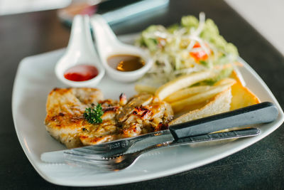 Close-up of food in plate on table