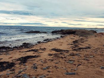 Scenic view of beach against sky during sunset