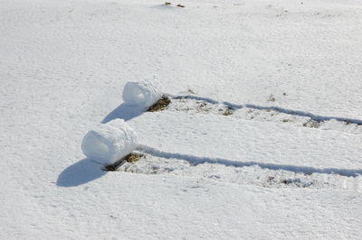 High angle view of snow covered land