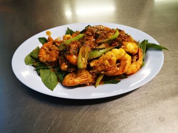 High angle view of food in plate on table