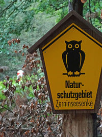 Close-up of warning sign against trees