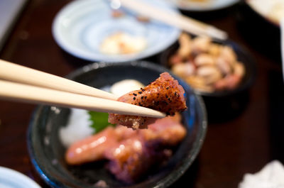 Close-up of food served in plate on table