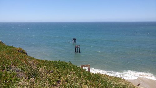 High angle view of sea against clear sky