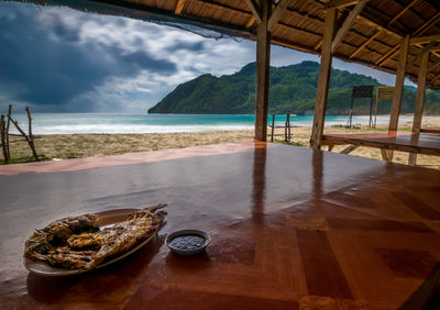 Scenic view of beach by sea against sky