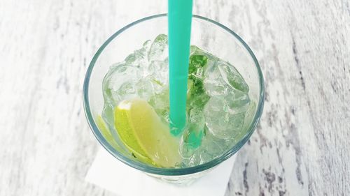 High angle view of drink on table