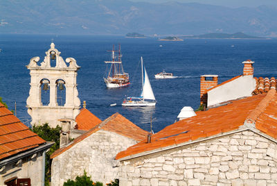 High angle view of building by sea