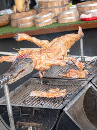 Close-up of meat on barbecue grill