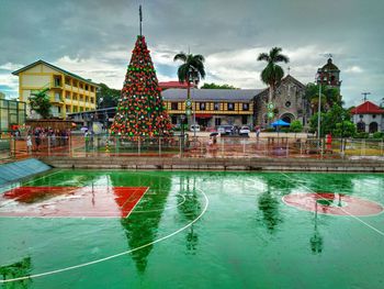 Reflection of trees in swimming pool against building