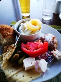 High angle view of breakfast served on table