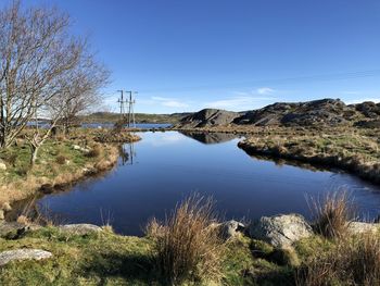 Scenic view of lake with distant power line against clear blue sky