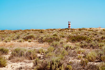 Lighthouse on field against clear sky