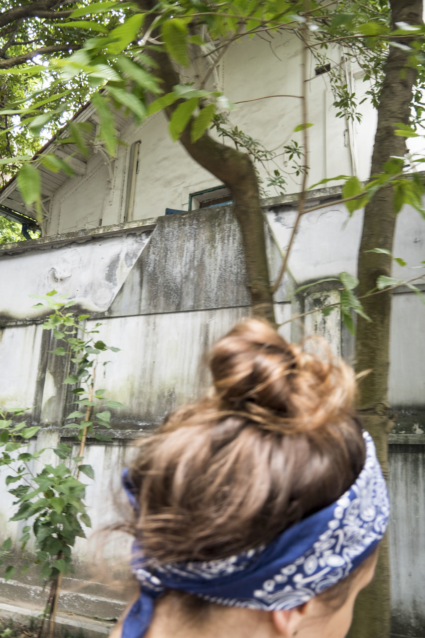 REAR VIEW OF WOMAN IN FRONT OF TREE