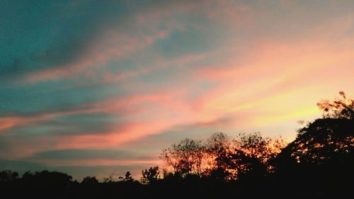 Low angle view of silhouette trees against dramatic sky