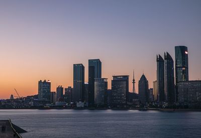 Skyscrapers in city at sunset