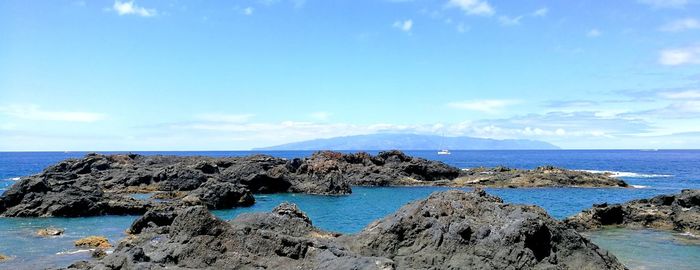 Scenic view of sea against blue sky