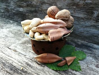 High angle view of bread in basket on table