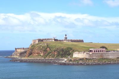 Lighthouse by sea against sky