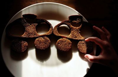 Close-up of hand holding a piece of bread