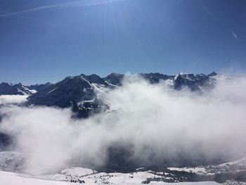 Scenic view of snow covered mountains